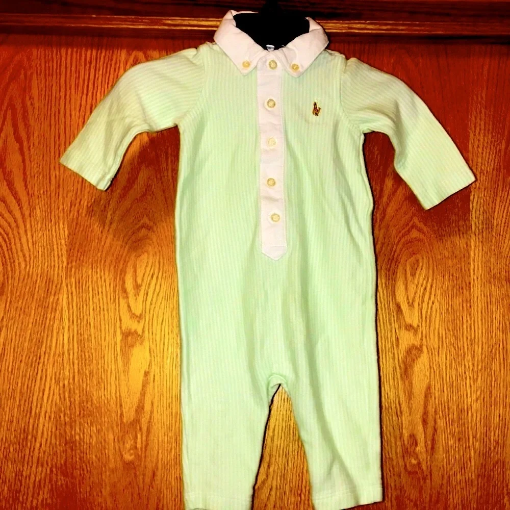 Ralph Lauren vintage 3 mos infant pinstriped button romper green white logo